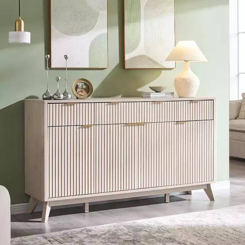 Meuble de rangement buffet de 60 pouces, table de bar à café cannelée avec 3 tiroirs et 4 portes, buffet moderne pour salle à manger, salon