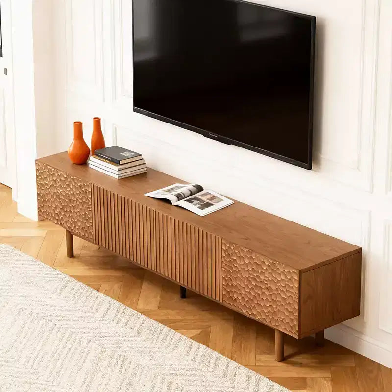 Meuble TV de 220 cm pour TV jusqu'à 90 pouces, en panneau de densité avec pieds en bois massif