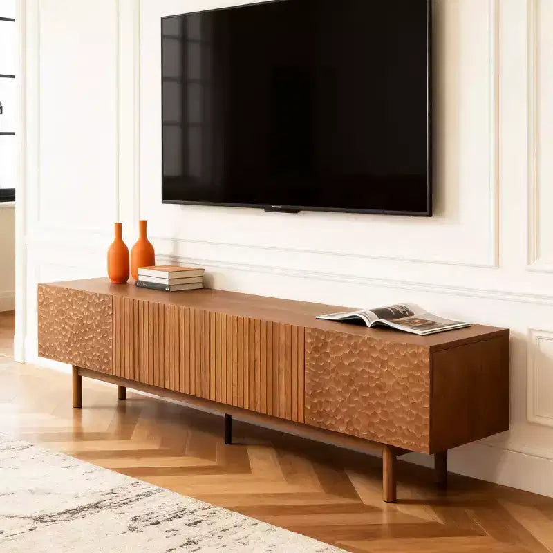 Meuble TV de 220 cm pour TV jusqu'à 90 pouces, en panneau de densité avec pieds en bois massif