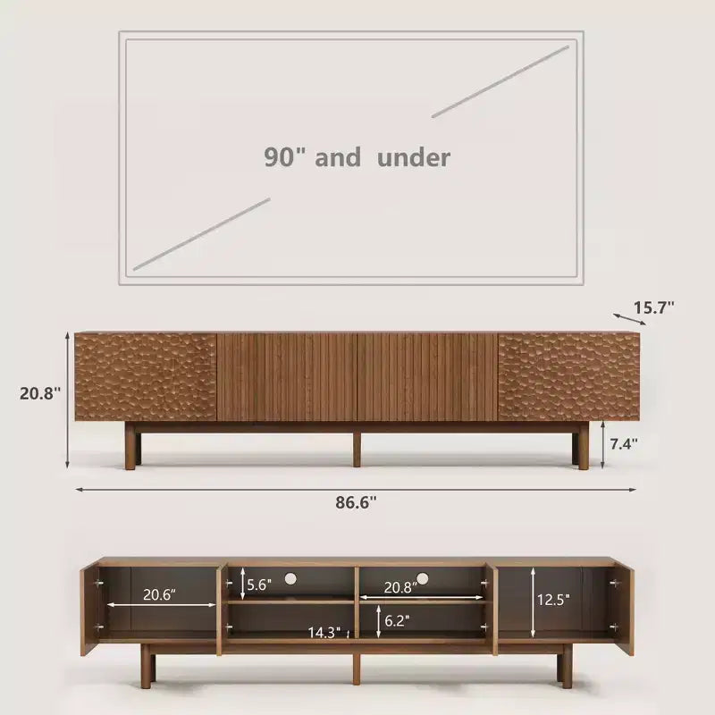 Meuble TV de 220 cm pour TV jusqu'à 90 pouces, en panneau de densité avec pieds en bois massif
