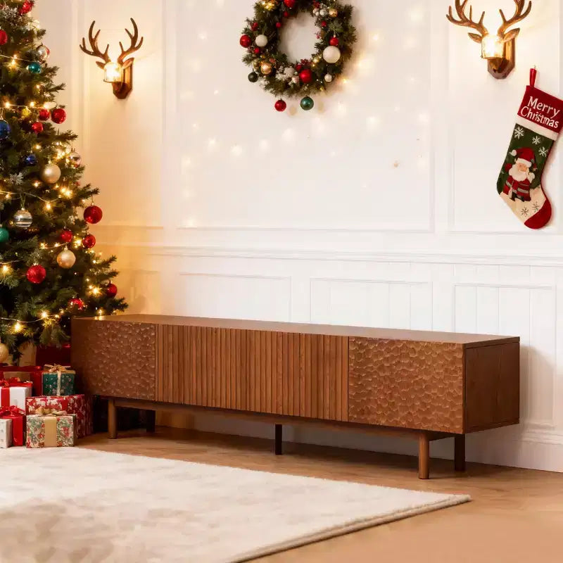 Meuble TV de 220 cm pour TV jusqu'à 90 pouces, en panneau de densité avec pieds en bois massif