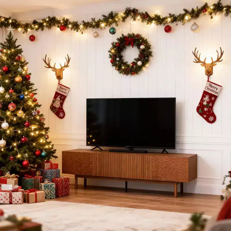 Meuble TV de 220 cm pour TV jusqu'à 90 pouces, en panneau de densité avec pieds en bois massif