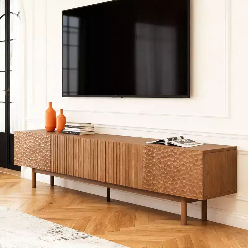 Meuble TV de 220 cm pour TV jusqu'à 90 pouces, en panneau de densité avec pieds en bois massif