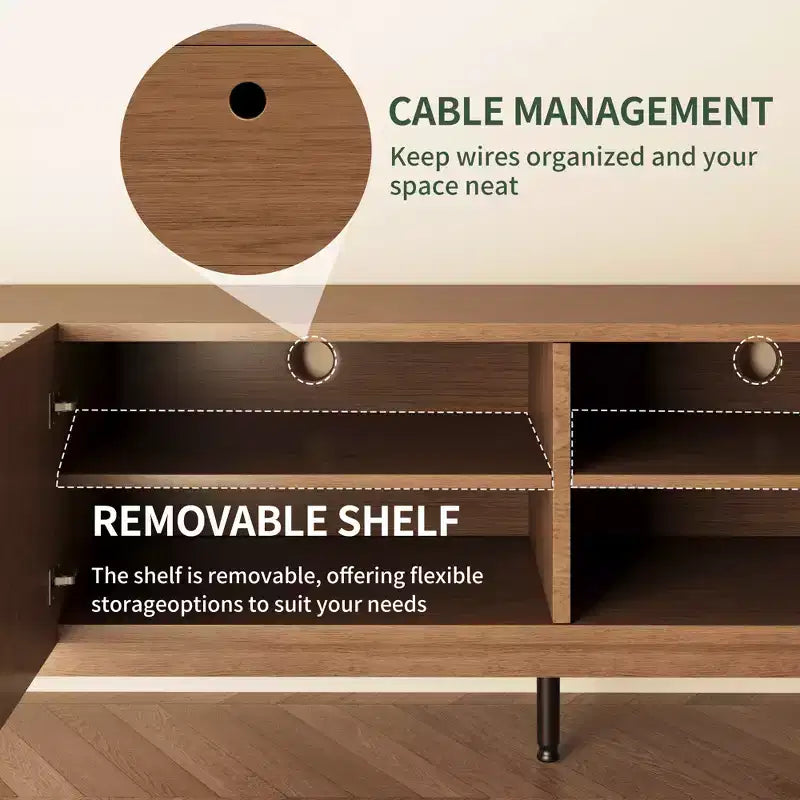 Meuble TV de 220 cm pour TV jusqu'à 90 pouces, en panneau de densité avec pieds en bois massif