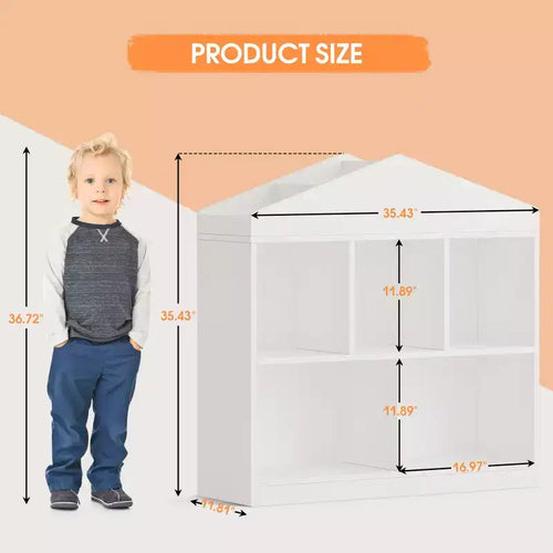 Étagère à Livres pour Enfants de 35 Pouces, Organisateur de Rangement de Jouets en Bois Blanc à 2 Niveaux avec Bibliothèque à 5 Compartiments et Design de Toit Moderne