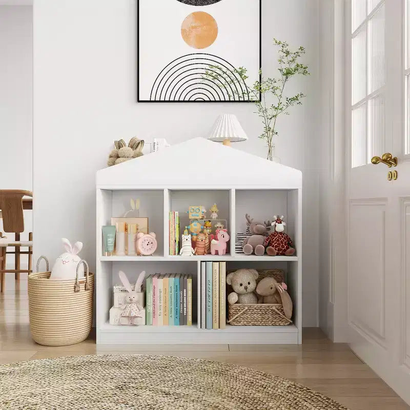 Étagère à Livres pour Enfants de 35 Pouces, Organisateur de Rangement de Jouets en Bois Blanc à 2 Niveaux avec Bibliothèque à 5 Compartiments et Design de Toit Moderne