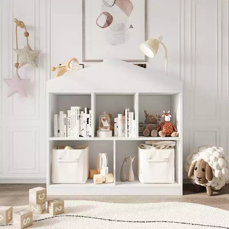 Étagère à Livres pour Enfants de 35 Pouces, Organisateur de Rangement de Jouets en Bois Blanc à 2 Niveaux avec Bibliothèque à 5 Compartiments et Design de Toit Moderne
