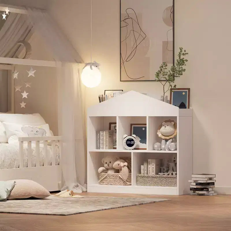 Étagère à Livres pour Enfants de 35 Pouces, Organisateur de Rangement de Jouets en Bois Blanc à 2 Niveaux avec Bibliothèque à 5 Compartiments et Design de Toit Moderne