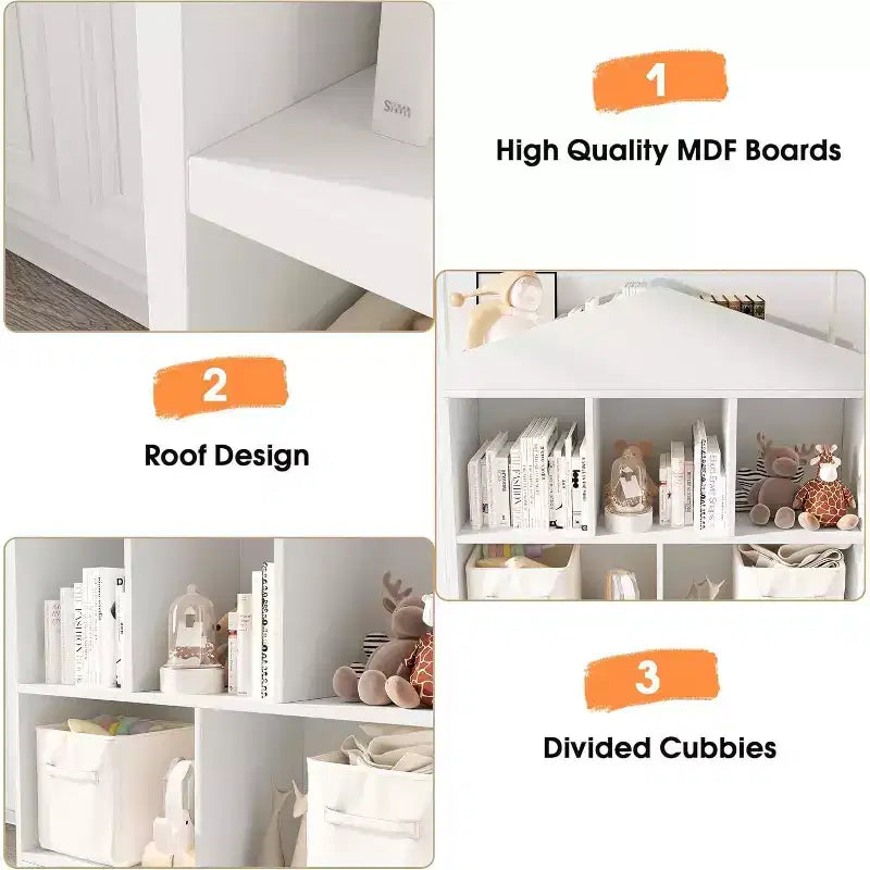 Étagère à Livres pour Enfants de 35 Pouces, Organisateur de Rangement de Jouets en Bois Blanc à 2 Niveaux avec Bibliothèque à 5 Compartiments et Design de Toit Moderne