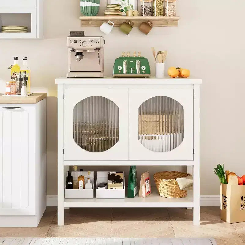 Meuble à café, meuble de rangement avec 2 portes en verre cannelé, buffet avec étagère de rangement, buffet moderne pour la maison blanc