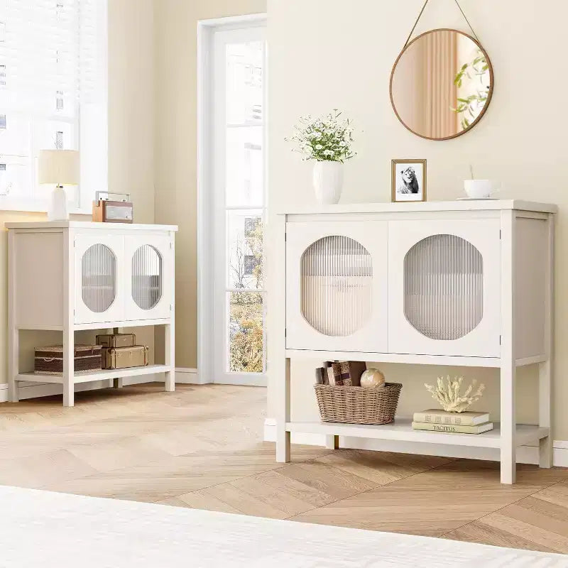 Meuble à café, meuble de rangement avec 2 portes en verre cannelé, buffet avec étagère de rangement, buffet moderne pour la maison blanc