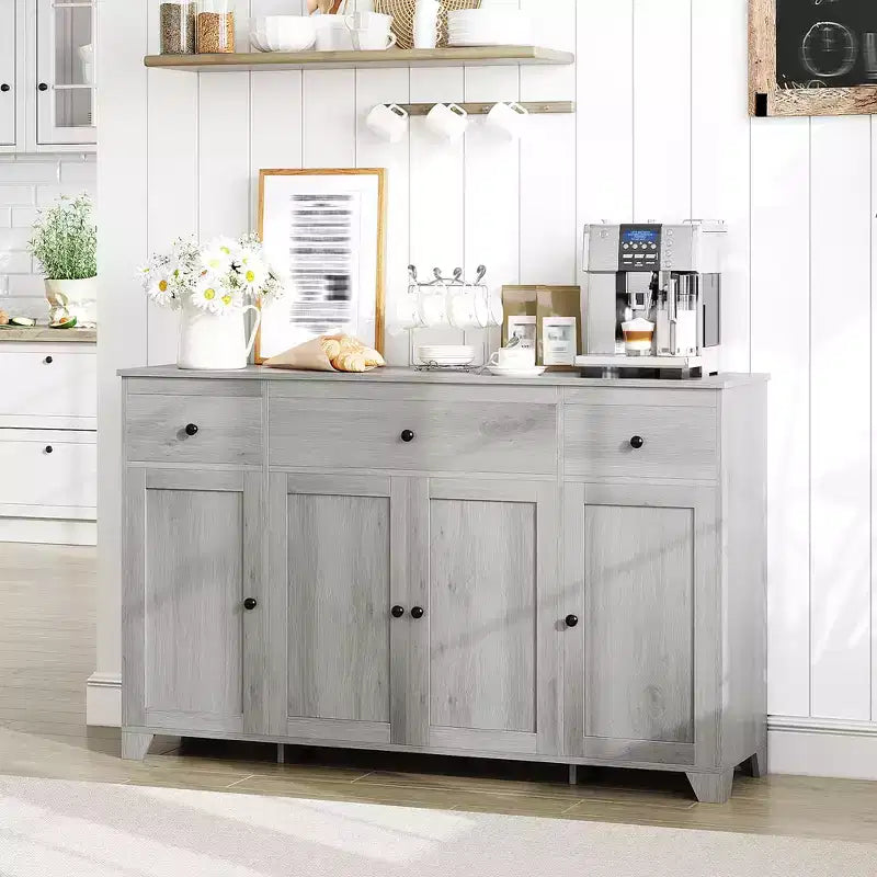 Buffet de cuisine de 55" avec 3 tiroirs et 4 portes, étagère réglable, meuble de rangement pour salle à manger et salon