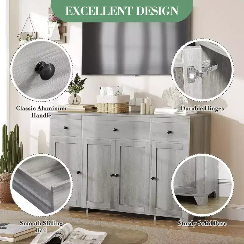 Buffet de cuisine de 55" avec 3 tiroirs et 4 portes, étagère réglable, meuble de rangement pour salle à manger et salon
