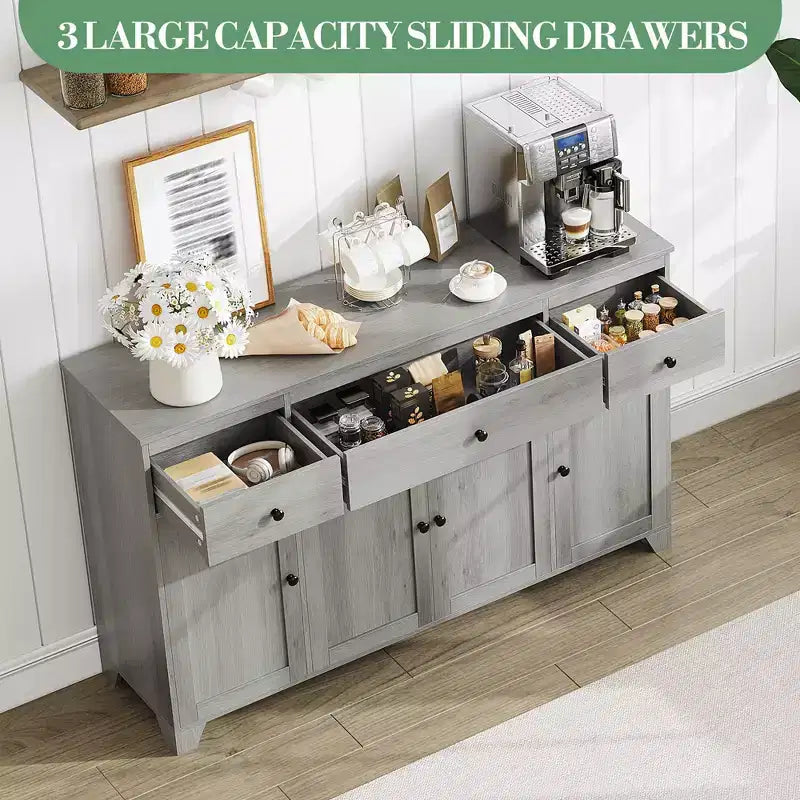 Buffet de cuisine de 55" avec 3 tiroirs et 4 portes, étagère réglable, meuble de rangement pour salle à manger et salon