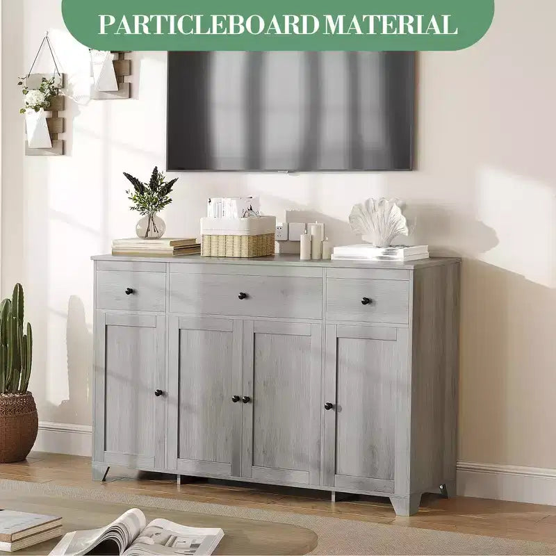 Buffet de cuisine de 55" avec 3 tiroirs et 4 portes, étagère réglable, meuble de rangement pour salle à manger et salon