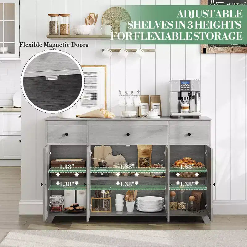Buffet de cuisine de 55" avec 3 tiroirs et 4 portes, étagère réglable, meuble de rangement pour salle à manger et salon