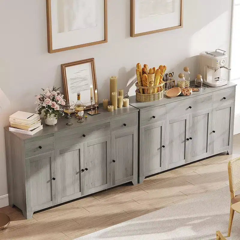 Buffet de cuisine de 55" avec 3 tiroirs et 4 portes, étagère réglable, meuble de rangement pour salle à manger et salon