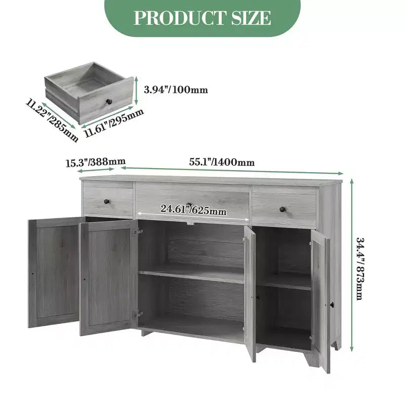 Buffet de cuisine de 55" avec 3 tiroirs et 4 portes, étagère réglable, meuble de rangement pour salle à manger et salon