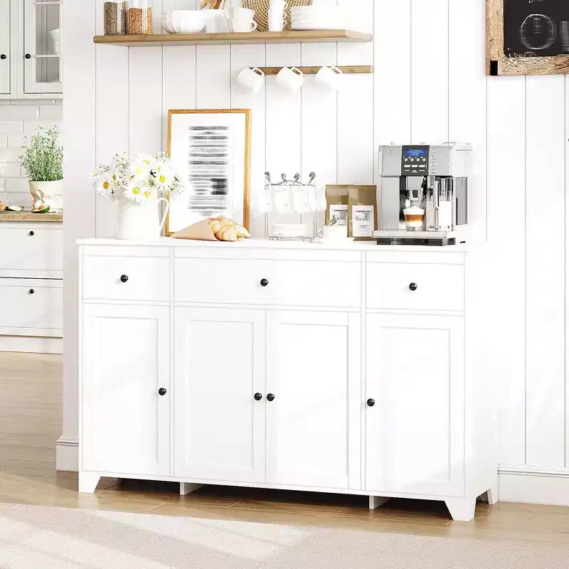 Buffet de cuisine de 55" avec 3 tiroirs et 4 portes, étagère réglable, meuble de rangement pour salle à manger et salon