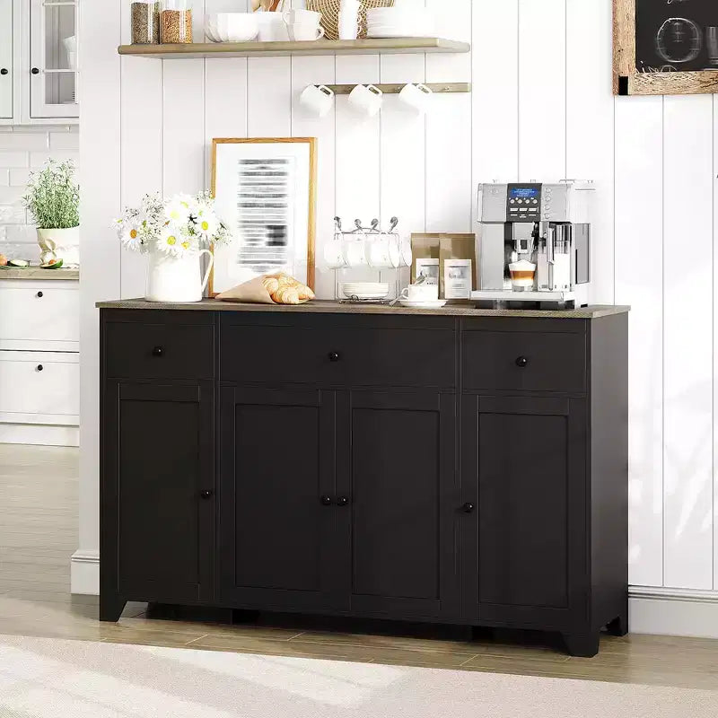 Buffet de cuisine de 55" avec 3 tiroirs et 4 portes, étagère réglable, meuble de rangement pour salle à manger et salon