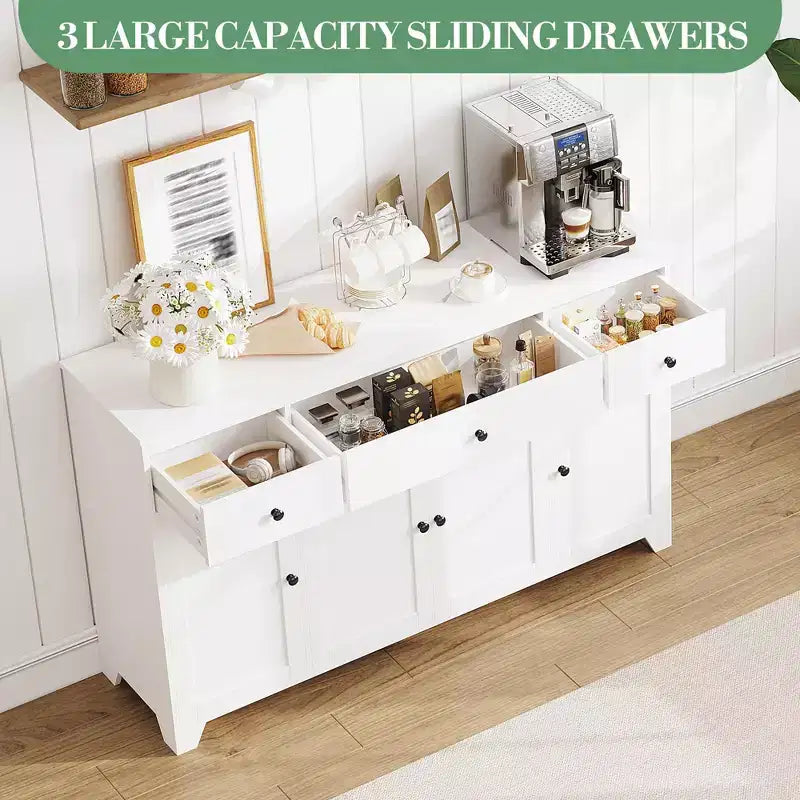 Buffet de cuisine de 55" avec 3 tiroirs et 4 portes, étagère réglable, meuble de rangement pour salle à manger et salon