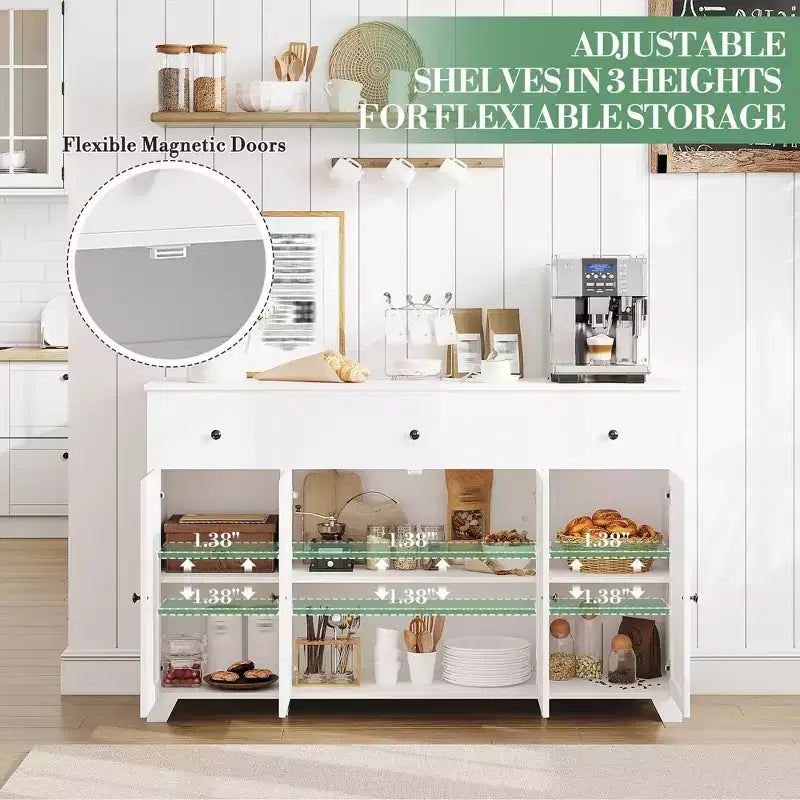 Buffet de cuisine de 55" avec 3 tiroirs et 4 portes, étagère réglable, meuble de rangement pour salle à manger et salon