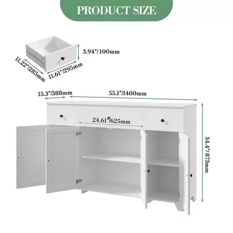 Buffet de cuisine de 55" avec 3 tiroirs et 4 portes, étagère réglable, meuble de rangement pour salle à manger et salon