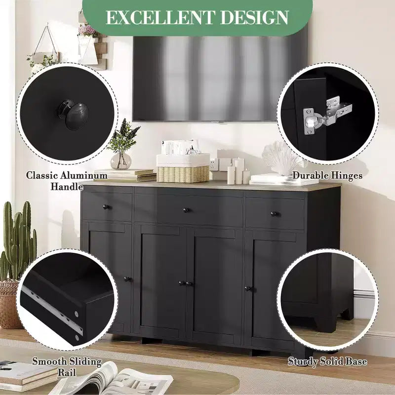 Buffet de cuisine de 55" avec 3 tiroirs et 4 portes, étagère réglable, meuble de rangement pour salle à manger et salon