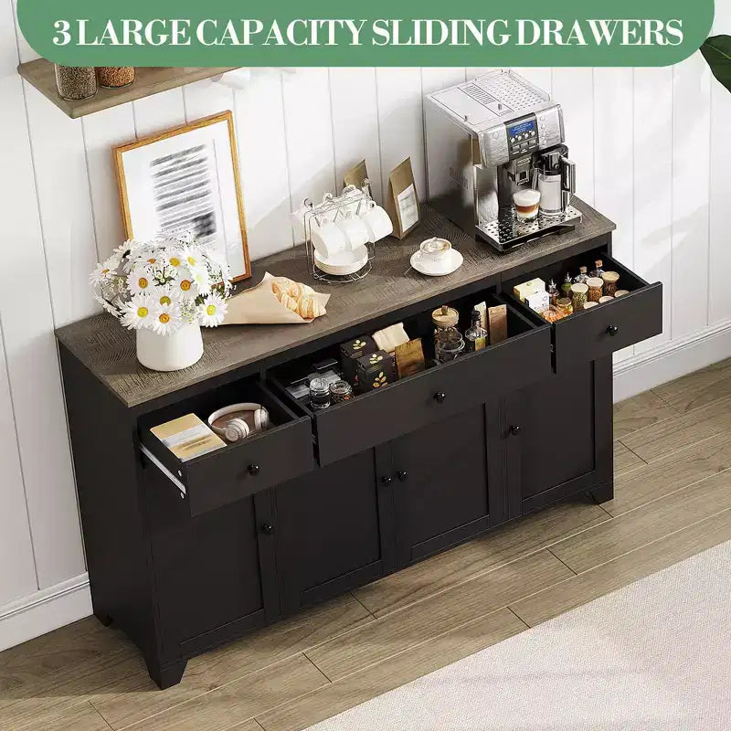 Buffet de cuisine de 55" avec 3 tiroirs et 4 portes, étagère réglable, meuble de rangement pour salle à manger et salon