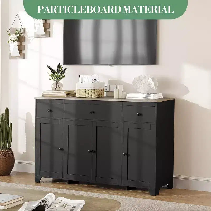 Buffet de cuisine de 55" avec 3 tiroirs et 4 portes, étagère réglable, meuble de rangement pour salle à manger et salon