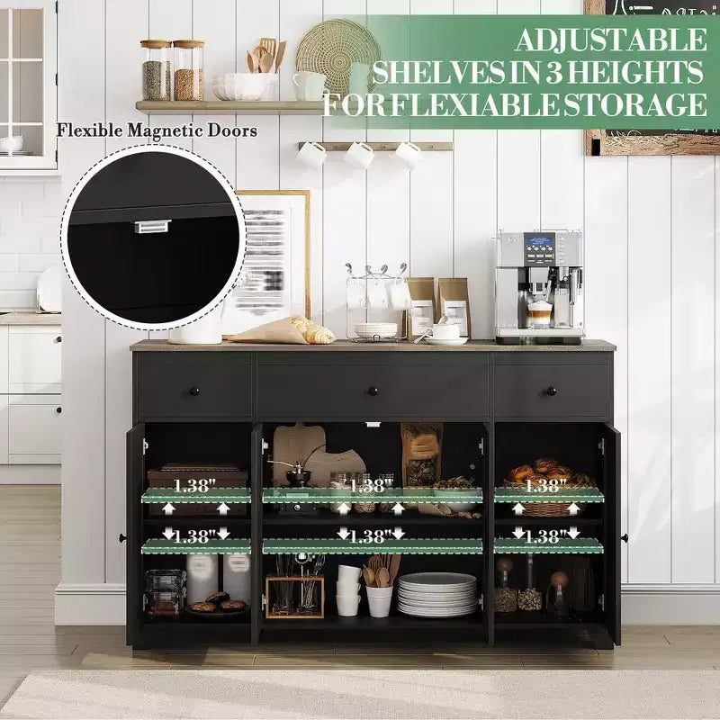 Buffet de cuisine de 55" avec 3 tiroirs et 4 portes, étagère réglable, meuble de rangement pour salle à manger et salon