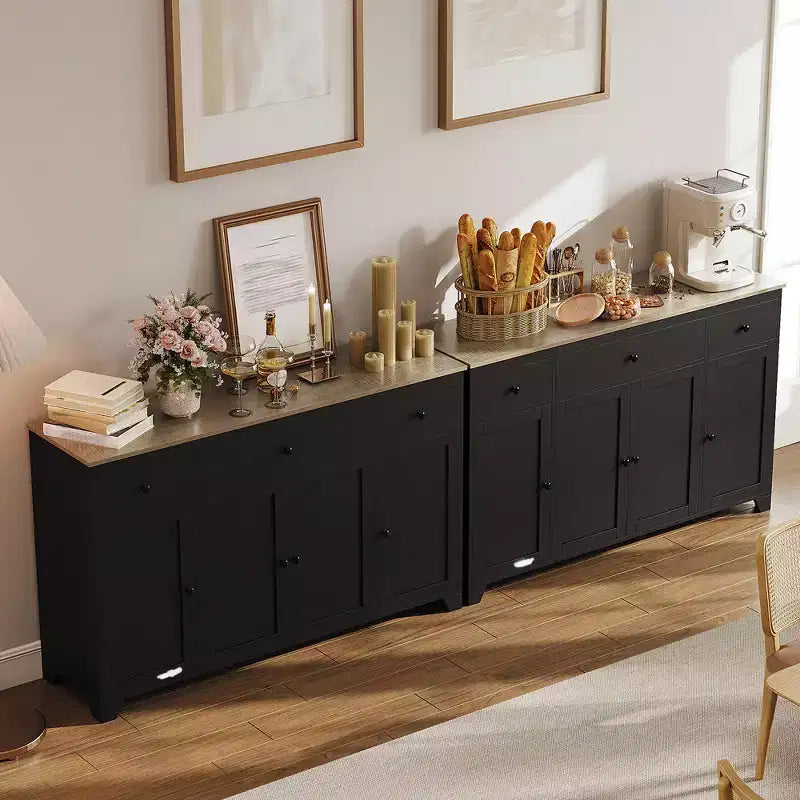 Buffet de cuisine de 55" avec 3 tiroirs et 4 portes, étagère réglable, meuble de rangement pour salle à manger et salon