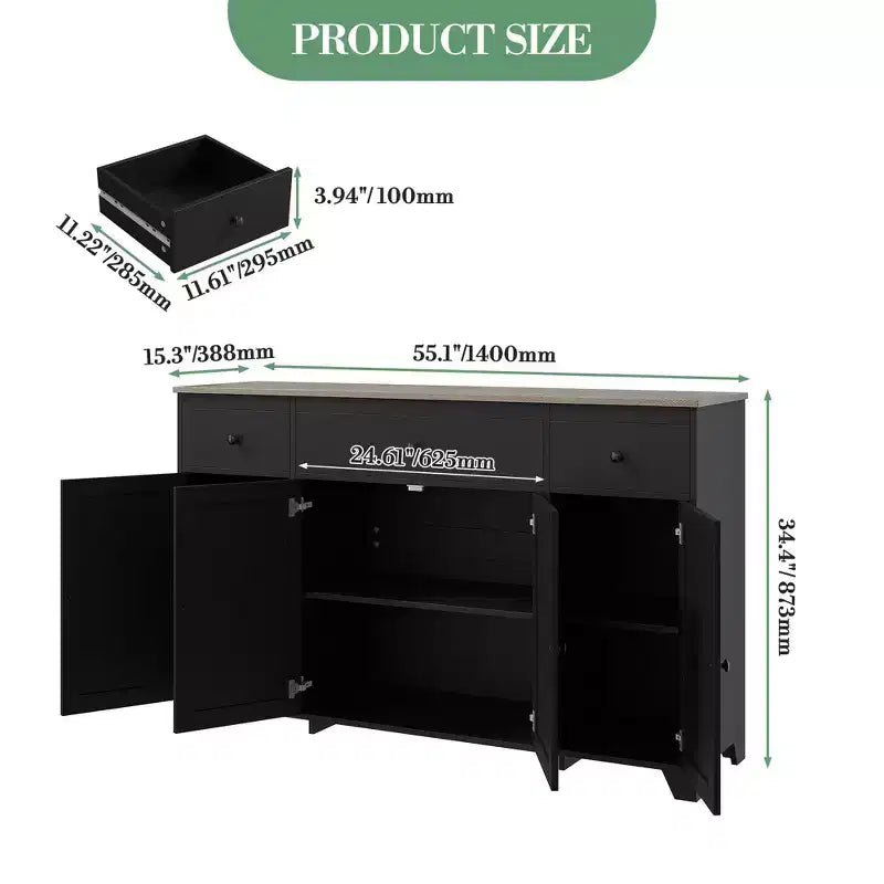 Buffet de cuisine de 55" avec 3 tiroirs et 4 portes, étagère réglable, meuble de rangement pour salle à manger et salon