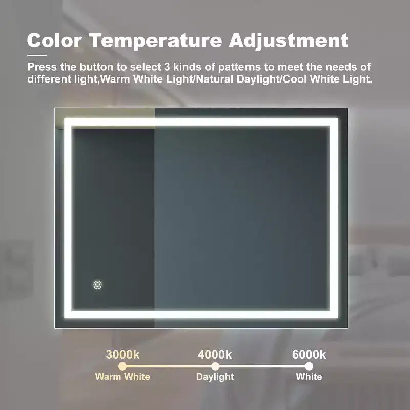 Miroir de courtoisie LED de salle de bain 32 x 24 pouces 3 couleurs dimmable Mural Maquillage Miroir avec contrôle interrupteur mural Étanche Anti-buée Miroir de salle de bain