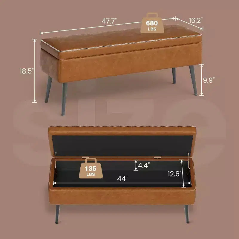 Banc ottoman de rangement 47,8 po avec revêtement en cuir, charnières robustes, siège repose-pieds pour chambre ou entrée
