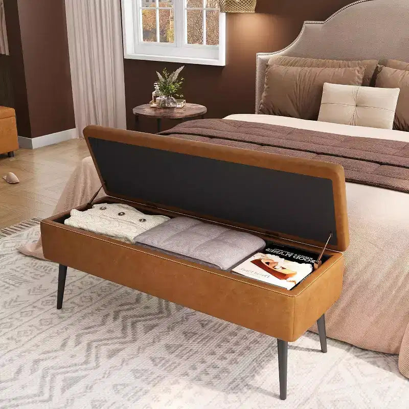 Banc ottoman de rangement 47,8 po avec revêtement en cuir, charnières robustes, siège repose-pieds pour chambre ou entrée