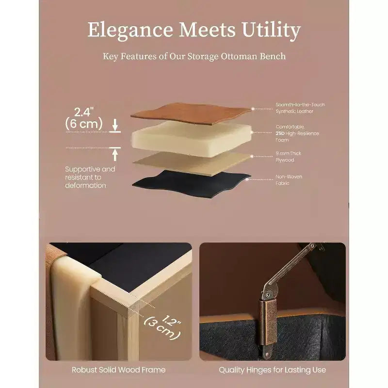 Banc ottoman de rangement 47,8 po avec revêtement en cuir, charnières robustes, siège repose-pieds pour chambre ou entrée