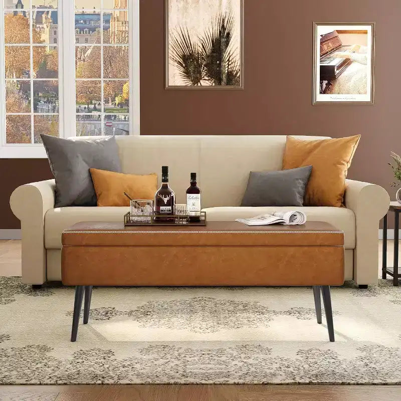 Banc ottoman de rangement 47,8 po avec revêtement en cuir, charnières robustes, siège repose-pieds pour chambre ou entrée