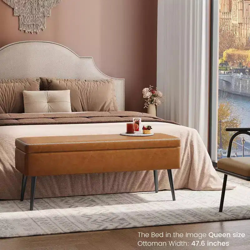 Banc ottoman de rangement 47,8 po avec revêtement en cuir, charnières robustes, siège repose-pieds pour chambre ou entrée