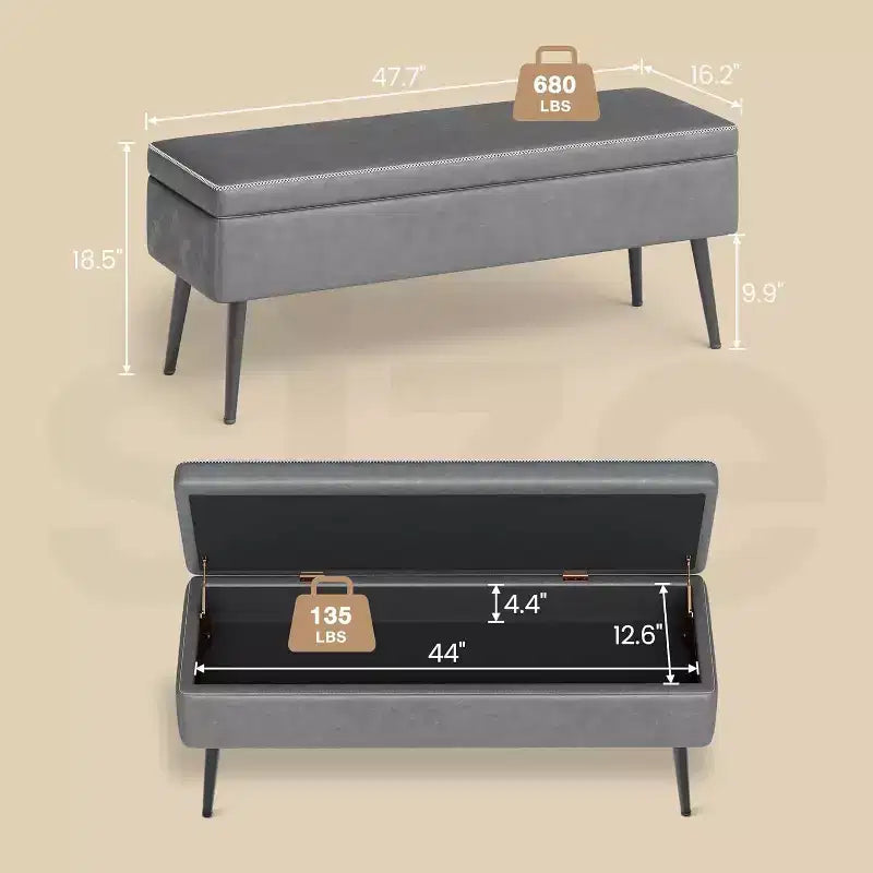 Banc ottoman de rangement 47,8 po avec revêtement en cuir, charnières robustes, siège repose-pieds pour chambre ou entrée