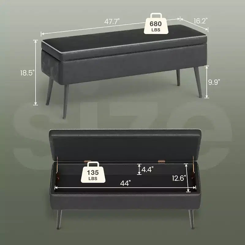 Banc ottoman de rangement 47,8 po avec revêtement en cuir, charnières robustes, siège repose-pieds pour chambre ou entrée