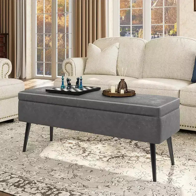 Banc ottoman de rangement 47,8 po avec revêtement en cuir, charnières robustes, siège repose-pieds pour chambre ou entrée