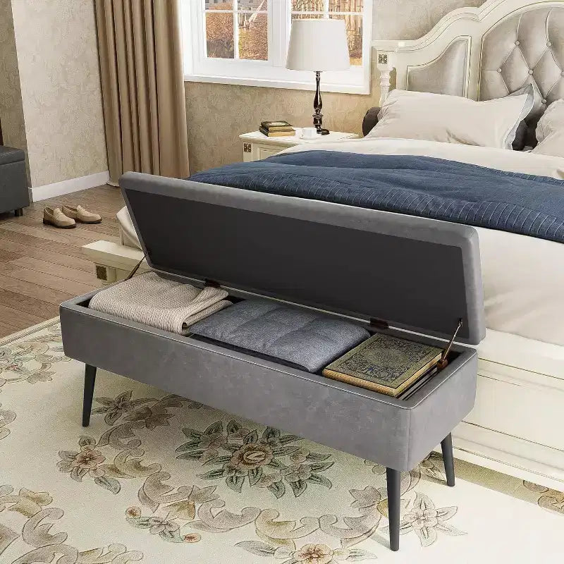 Banc ottoman de rangement 47,8 po avec revêtement en cuir, charnières robustes, siège repose-pieds pour chambre ou entrée