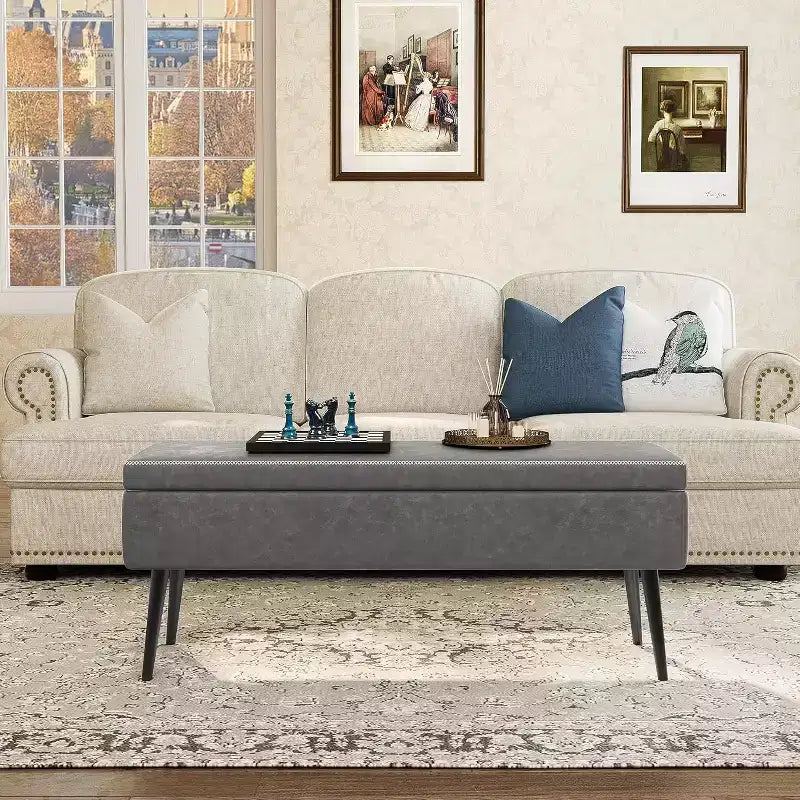 Banc ottoman de rangement 47,8 po avec revêtement en cuir, charnières robustes, siège repose-pieds pour chambre ou entrée