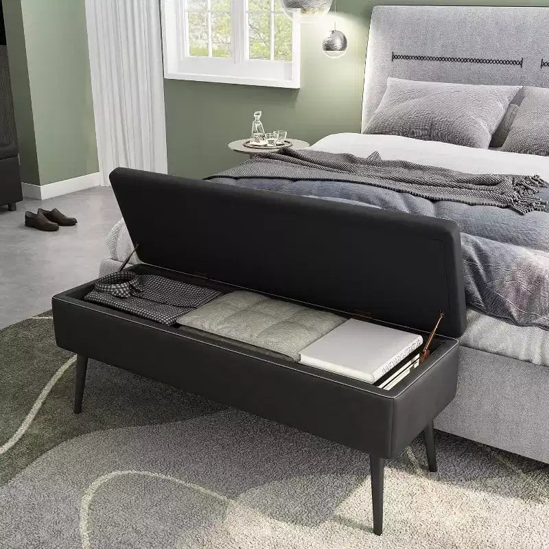 Banc ottoman de rangement 47,8 po avec revêtement en cuir, charnières robustes, siège repose-pieds pour chambre ou entrée