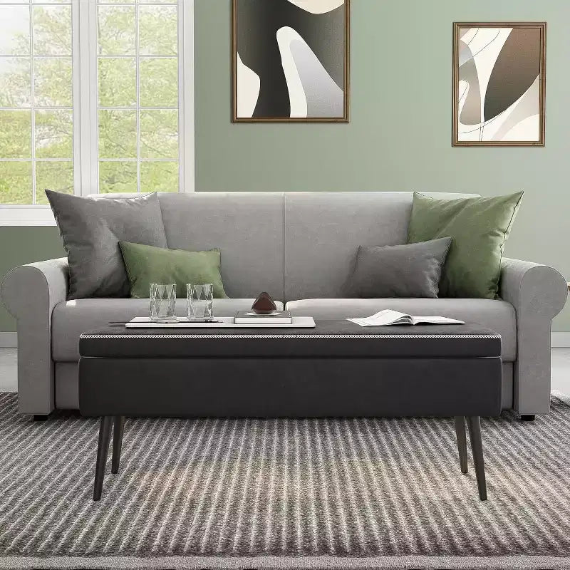 Banc ottoman de rangement 47,8 po avec revêtement en cuir, charnières robustes, siège repose-pieds pour chambre ou entrée