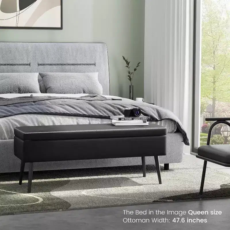 Banc ottoman de rangement 47,8 po avec revêtement en cuir, charnières robustes, siège repose-pieds pour chambre ou entrée