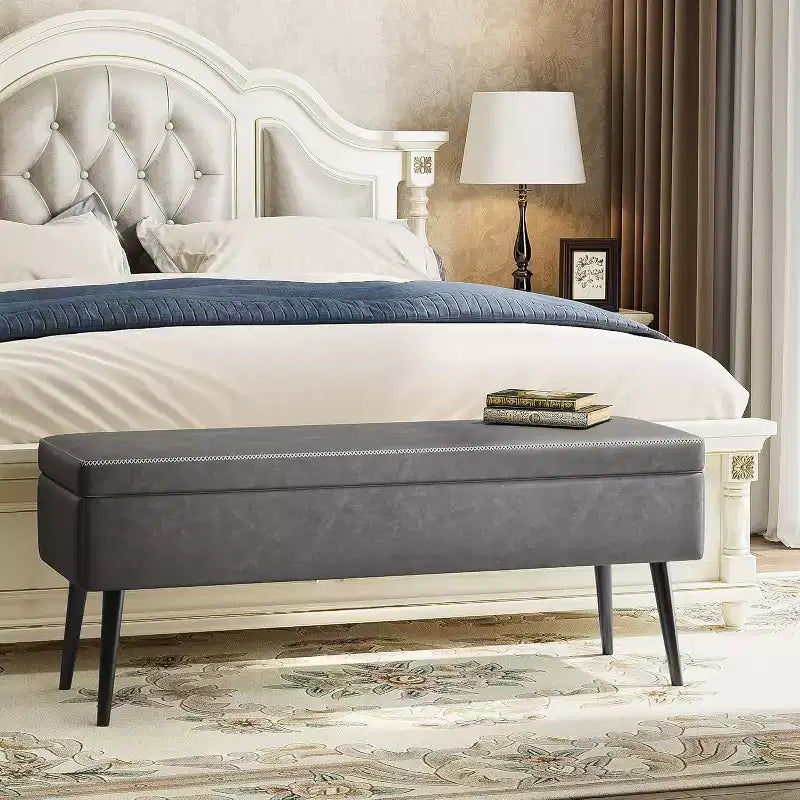 Banc ottoman de rangement 47,8 po avec revêtement en cuir, charnières robustes, siège repose-pieds pour chambre ou entrée