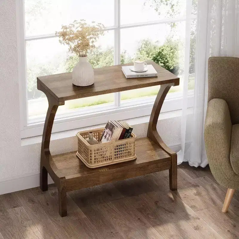 Table d'appoint à 2 niveaux, Table d'appoint étroite pour salon, chambre, finition peinture bois naturel, montage facile