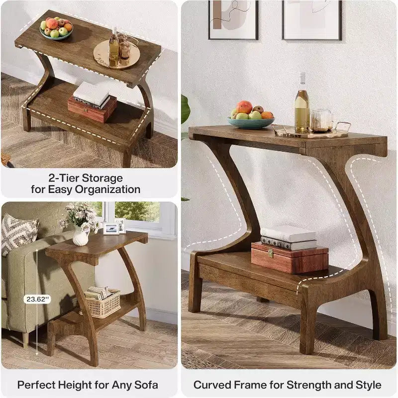 Table d'appoint à 2 niveaux, Table d'appoint étroite pour salon, chambre, finition peinture bois naturel, montage facile